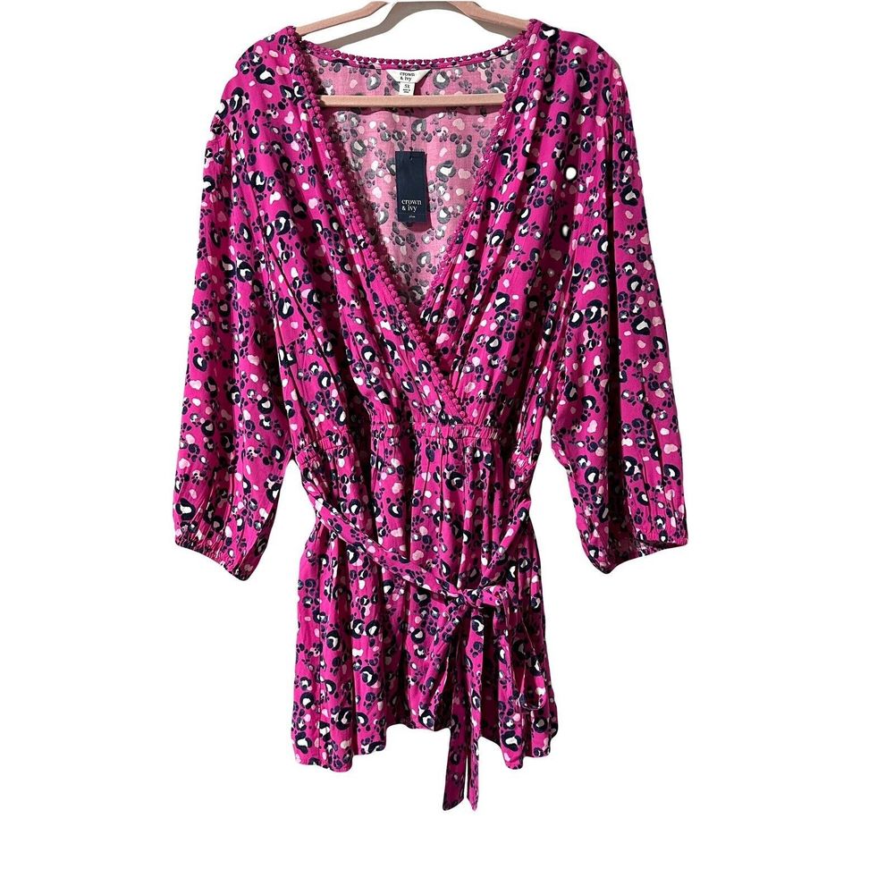 Crown & Ivy Women’s Faux Wrap Top Pink Animal Print Elastic Waist Size 3X NWT